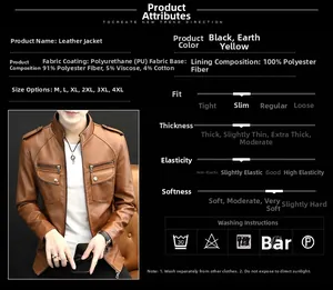 Detail showing material composition of PU leather biker jacket with sizing and care guide