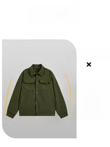 Detail view of dark green corduroy jacket fabric texture and workwear collar design