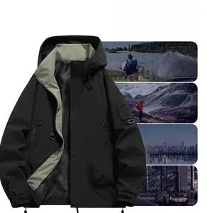 Detail of outdoor jacket showing mountain patch embroidery and adjustable velcro cuffs