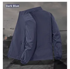 Detail view of navy blue stand-collar jacket with waterproof fabric and zippered pockets