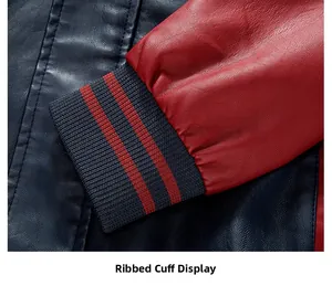 Detailed view of the contrast ribbed cuffs on a faux leather varsity jacket