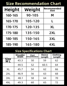 Detailed size chart for men's leather jacket with measurements in centimeters
