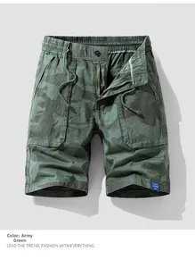 Macro detail of army green cargo shorts with elastic drawstring waist and tactical pockets