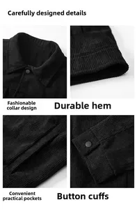 Detail view of corduroy jacket collar, metal button cuffs, pockets, and hem texture