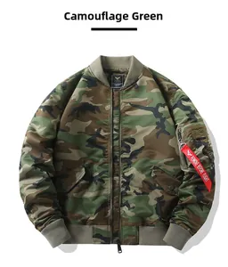 Detailed view of the MA-1 camouflage bomber jacket sleeve with zipper pocket and red tag