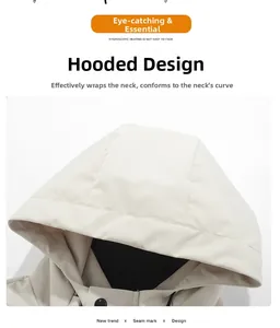 Detail of ergonomic hooded collar with snaps on waterproof ivory outdoor jacket