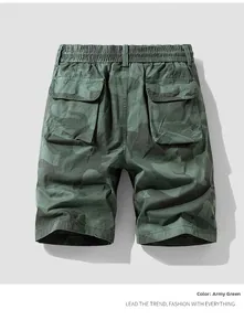 Detail of army green camo cargo shorts featuring elastic waistband and large flap pockets