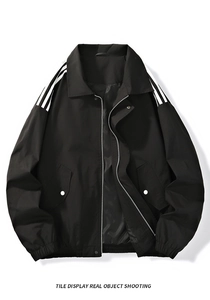 Detailed view of the ribbed cuffs and white stripes on a black jacket sleeve