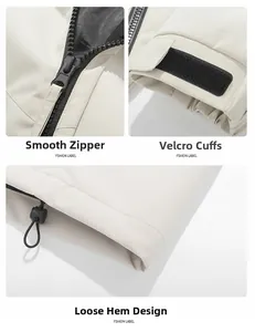 Detail view of the smooth zipper velcro cuffs and adjustable hem on cream jacket