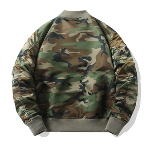 Back view of classic camouflage MA1 bomber jacket for men featuring green ribbed cuffs