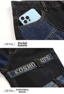 Detailansicht der Patchwork-Jeans mit Fokus auf Seitentasche und gelber Logo-Stickerei