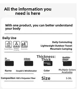 Detailed spec sheet for outdoor jacket showing 100% polyester fabric and S-3XL sizing