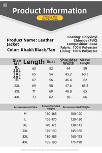 Detailed size chart for men's PU leather jacket showing measurements from M to 4XL