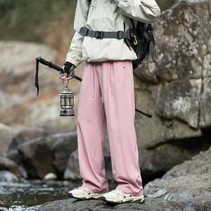 Pink hiking pants in straight leg cut for outdoor camping with elastic drawstring waist