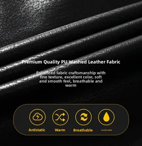 Close-up of premium black PU washed leather showing fine texture and glossy finish