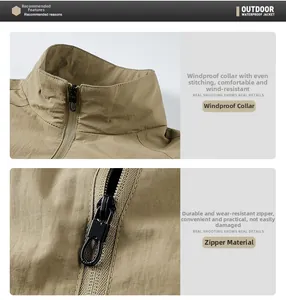 Detail of windproof stand collar and heavy duty zipper on khaki waterproof jacket