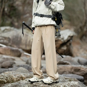 Men's khaki ice silk straight hiking pants for outdoor camping with drawstring waist