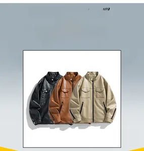 Detailed view of men's slim fit motorcycle leather jackets in black, brown and beige colors