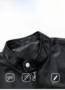 Close-up of black PU leather jacket featuring a stand collar and metallic button detail