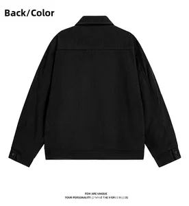 Back view of a black men's corduroy jacket with horizontal stitching and adjustable cuffs