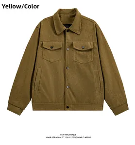 Detail view of tan corduroy jacket showing heavy-duty texture, lapel, and utility pockets