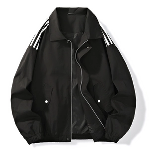 Men's stylish black windbreaker jacket with white shoulder stripes and elastic cuffs