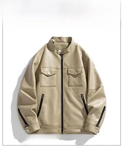 Detail of slim fit PU leather jacket featuring stand collar and metal zipper pockets