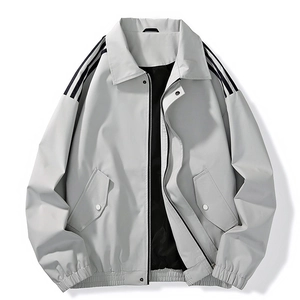 Men's light grey casual bomber jacket with black shoulder stripes and zipper closure