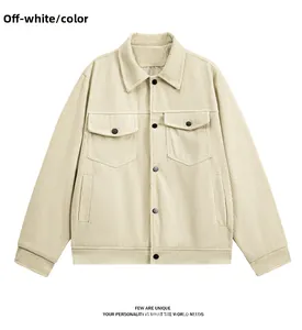 Detail of off-white corduroy jacket featuring classic collar and symmetrical chest pockets