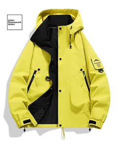 Detail view of fluorescent green outdoor jacket with black lining and functional zippers