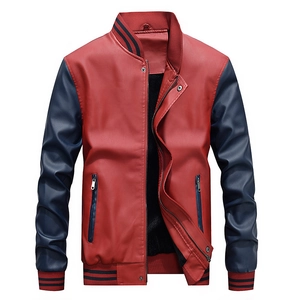 Men's color block PU leather jacket with baseball collar and warm fleece lining