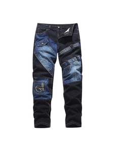 Herren Patchwork Denim Jeans Stickerei Multi Tasche Workwear Gerade Bein Hose Baumwollmischung Streetwear Hose Für Den Alltag