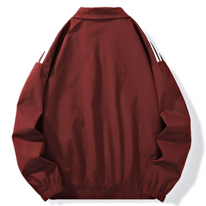 Deep red vintage sports jacket for men with white stripes and elastic cuffs, back view