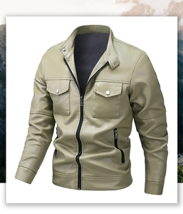 Detail view of olive green faux leather jacket with functional snap button chest pockets