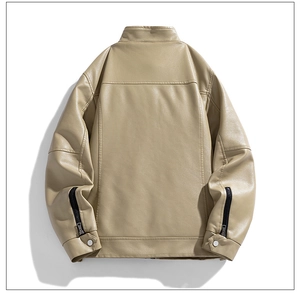 Detail view of khaki PU leather jacket back with metal zipper and silver snap on the cuff