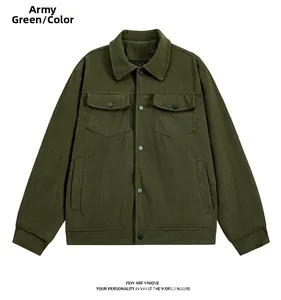 Detailed flat lay of an army green corduroy jacket with ribbed texture and chest pockets