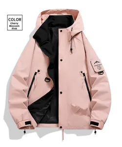 Close-up of sakura pink outdoor jacket featuring velcro cuffs and sleeve embroidery