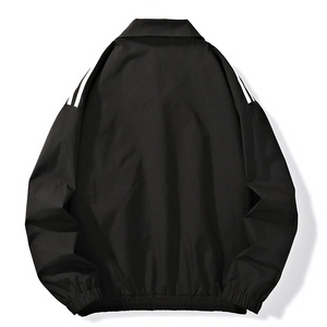Men's black casual jacket with white shoulder stripes and elastic ribbed cuffs back view