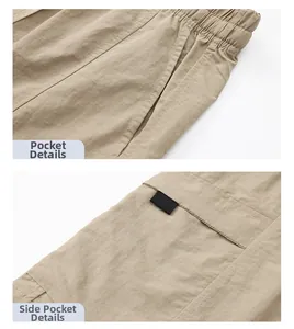Detail view of elastic waistband and functional cargo pockets on khaki shorts