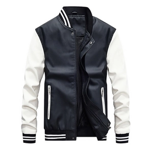 Men's black and white PU leather varsity jacket with rib-knit collar and zipper closure