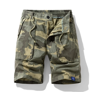 Men's camouflage cargo shorts with elastic drawstring waist and tactical side pockets
