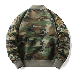 Classic camouflage bomber jacket with woodland print and ribbed hem seen from the back