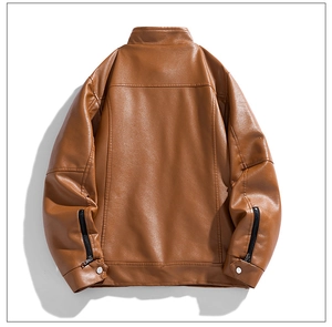 Back view of brown PU leather jacket featuring detailed seams and zipper on the cuffs