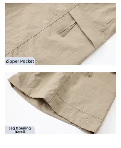Detailed close-up of khaki cargo shorts showing zipper pocket and hem stitching quality