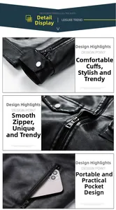 Detail of men black leather jacket featuring zip cuffs and side pockets for smartphones