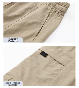 Detailed macro shot of elastic waistband and large side cargo pocket on khaki pants