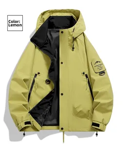 Detail of lemon yellow hooded jacket with adjustable drawstrings and mountain logo patch