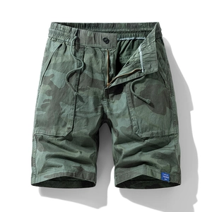 Men's camouflage cargo shorts with elastic drawstring waist and large utility pockets