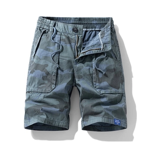 Men's blue camouflage cargo shorts with drawstring waist and large utility pockets