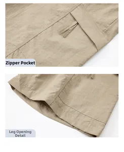 Detail view of khaki nylon cargo shorts showing zipper pocket and reinforced leg cuff
